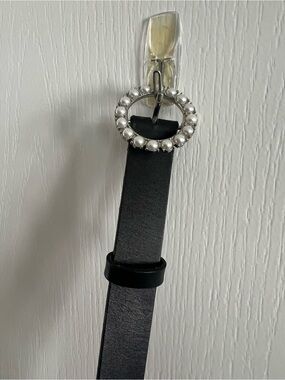 J. Crew Factory Black Belt with Pearl-Trim Round Buckle